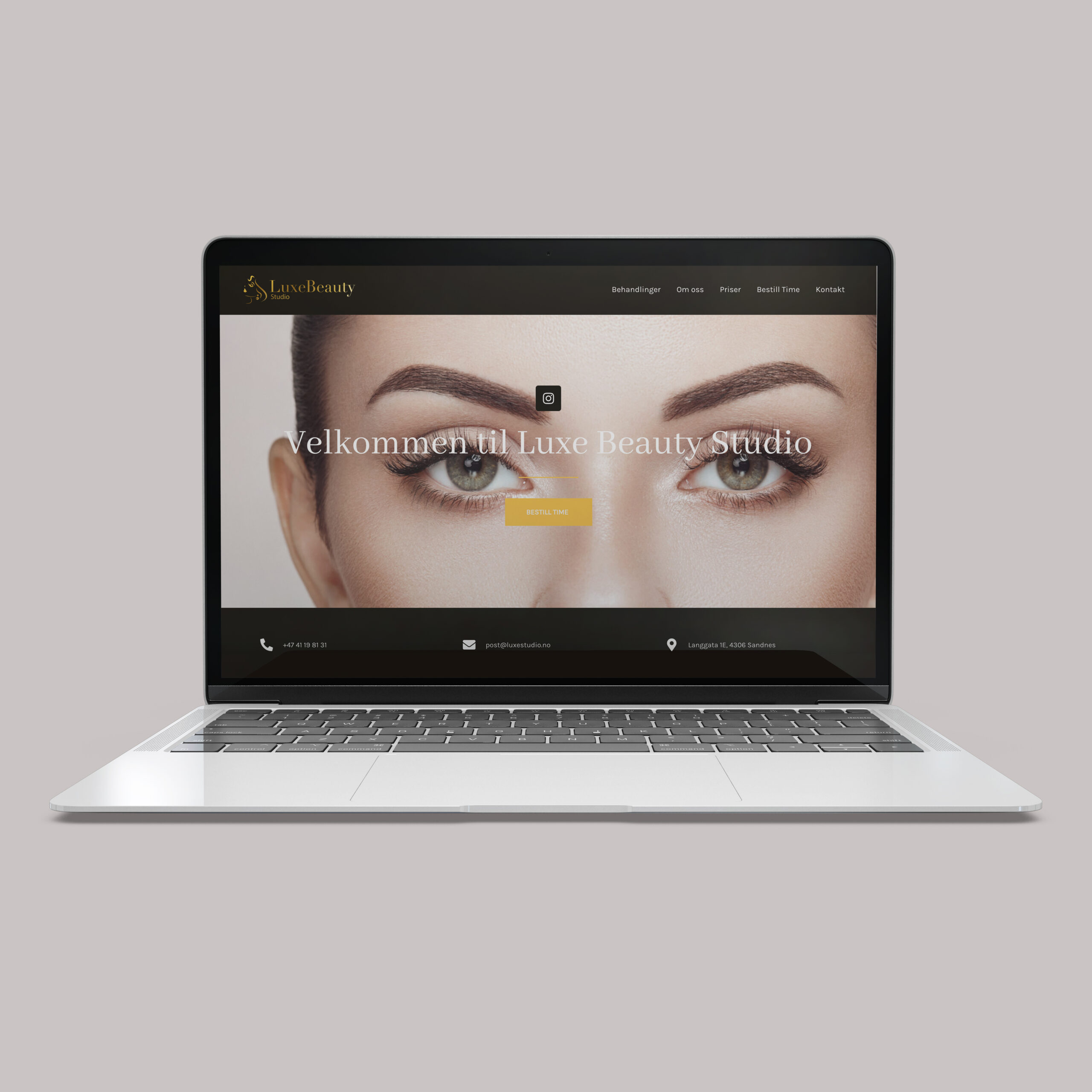 A beautiful mockup of a MacBook showing the revamped LuxeStudio.There is no homepage, and the style is sophisticated, with clean lines and easy-to-use features.